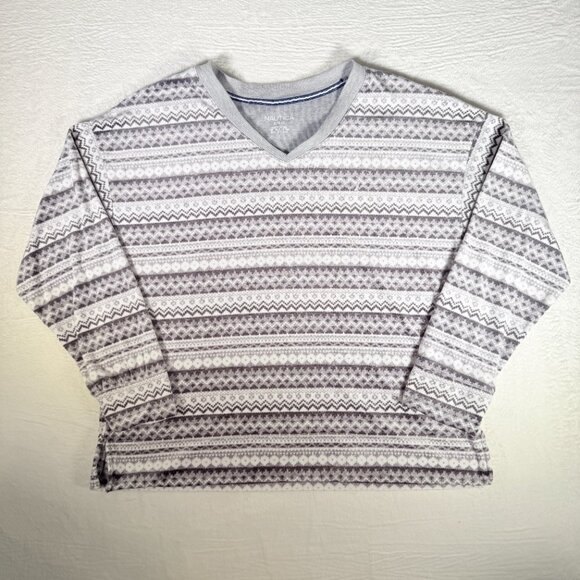 Nautica Womens Size XL Pullover Fleece Sweater Gray White Pattern Stripes - Picture 1 of 7